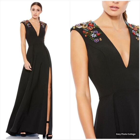 NWT Mac Duggal  Beaded Cap Sleeve V Neck Gown Dress Black 14 - Picture 1 of 15